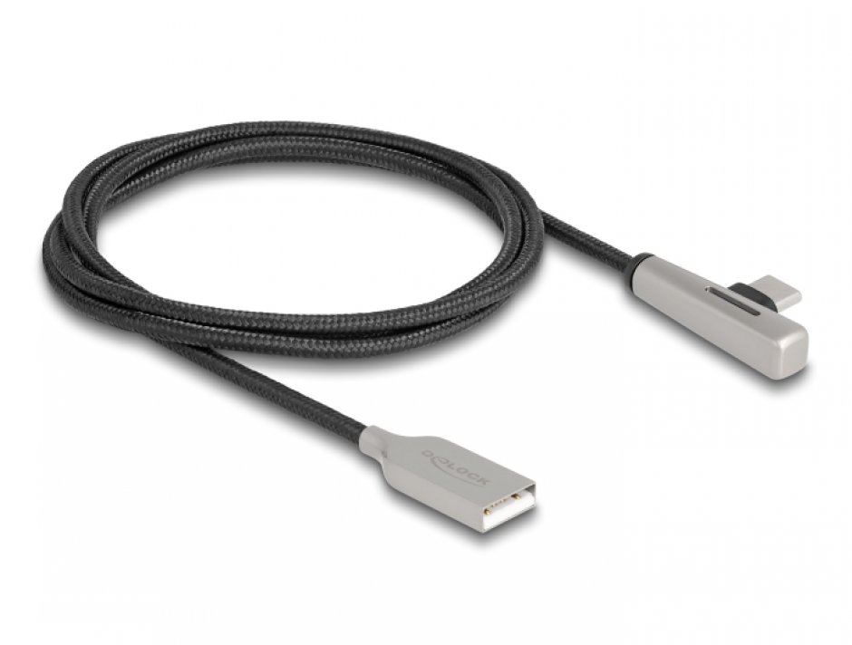 Imagine Cablu USB 2.0-A la USB type C T-T Fast Charging 60W cu LED 1m brodat Negru